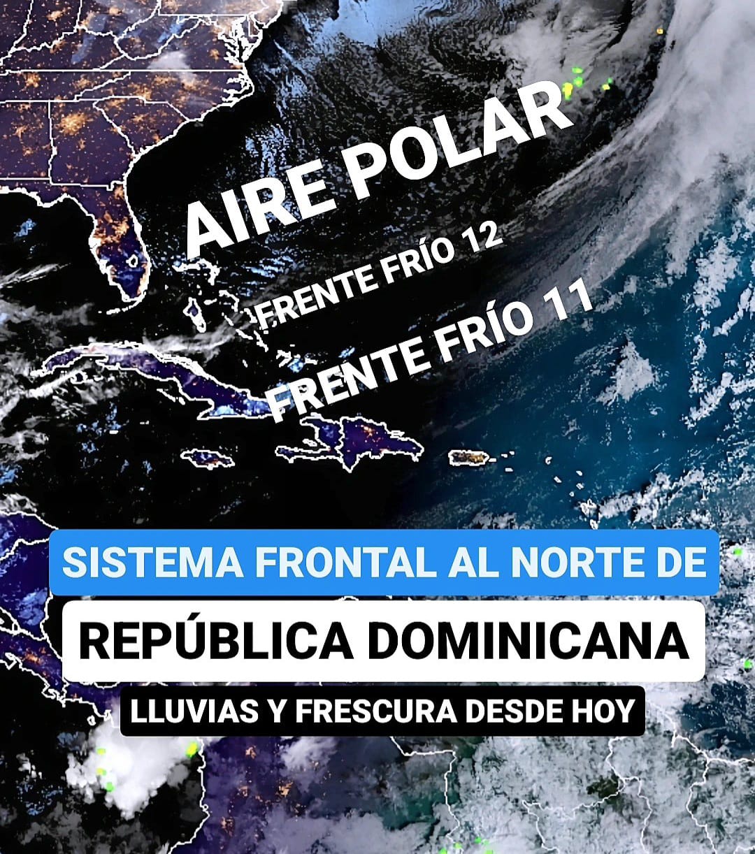  Anuncian lluvias y temperaturas frescas en las próximas horas para RD por llegada de sistema frontal 