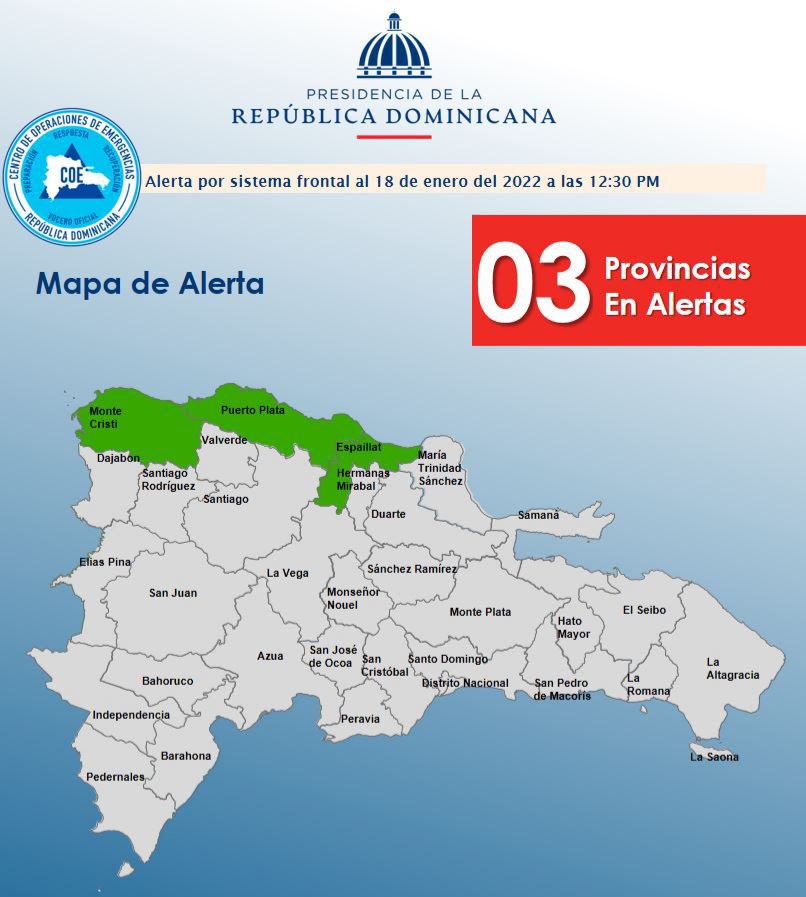 Emiten alerta verde para Puerto Plata por lluvias pudiera dejar sistema frontal ubicado al norte del país