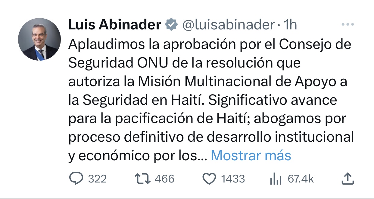 Abinader aplaude que la ONU aprobara una fuerza multinacional para Haití