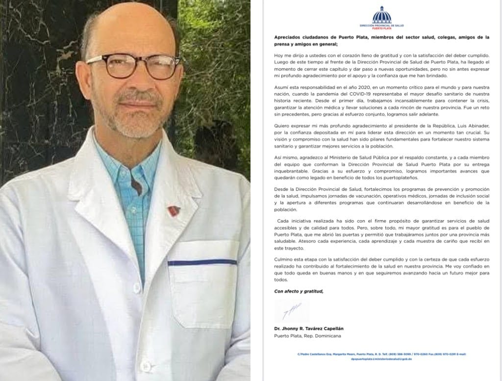 Con carta de gratitud doctor Jhonny Tavarez se despidió como director provincial de salud en Puerto Plata  
